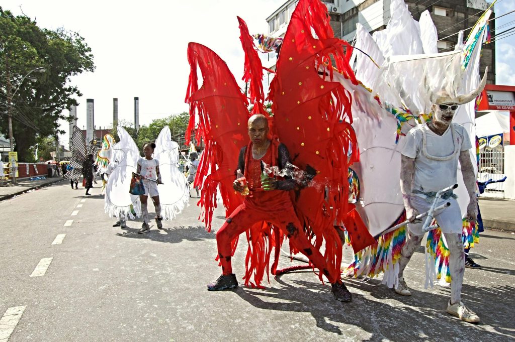Colorful costumes at a street carnival in Port of Spain, Trinidad and Tobago.