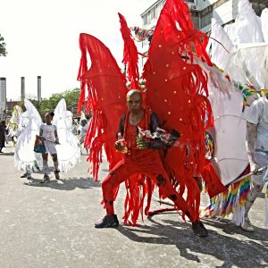 Colorful costumes at a street carnival in Port of Spain, Trinidad and Tobago.